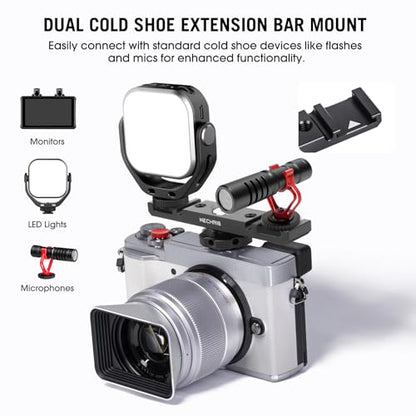 Dual Cold Shoe Extension Bar Mount, Aluminum Dual Hot Shoe Mount Bracket with 1/4" Thread & Cable Slot, Cold Shoe Bracket for DSLR Camera LED Video Light Microphone Monitor (62034)