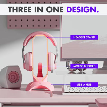 Tilted Nation Cute Headphone Stand Pink | Headset Stand with RGB, Mouse Bungee Holder, and 2 Port USB Hub Charger - Desk Gaming Accessories - color: Pink