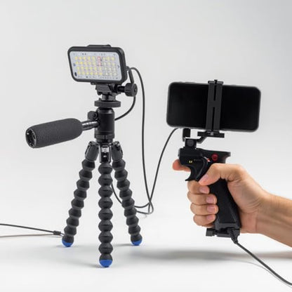 Starter kit with Mini Led Video Light +Pistol Mic+Universal Cell Phone Holder Clip+ Pistol Grip Tripot, Smartphone/Camera Compatible,Black
