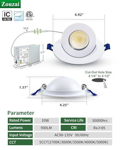zouzai 4 Inch Gimbal LED Recessed Lights, White-Version 1.0, 6 Pack, with Junction Box, 360°+ 90° Adjustable, 5CCT 2700K-5000K, Dimmable, Canless Eyeball Downlight, CRI90+, 980LM 10W 120V, ETL - color: White-4 inch-Version 1.0, size: 6 Pack