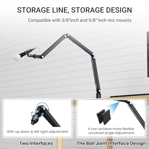 Adjustable Mic Arm, 30 Inch Rotatable Desktop Stand With Cable Management And 3/8 "5/8" Thread, Suitable For Lightweight Microphones Weighing Up To 3 Pounds, Suitable For Streaming, Podcasting, Gaming