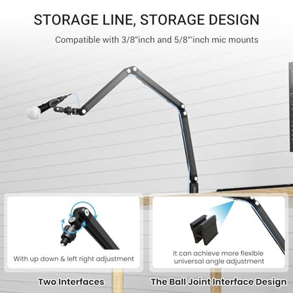 Adjustable Mic Arm, 30 Inch Rotatable Desktop Stand With Cable Management And 3/8 "5/8" Thread, Suitable For Lightweight Microphones Weighing Up To 3 Pounds, Suitable For Streaming, Podcasting, Gaming