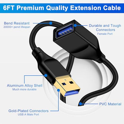 USB Extension Cable 6FT USB Male to Female Extender Cord for Keyboard/Mouse/Flash Drive/Printer/Camera/Webcam/Hard Drive/USB Hub/Headset,High Data Transfer USB3.0 Extension Cord - Black