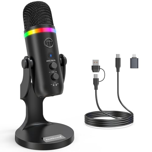 ZealSound Podcast Microphone for PC, USB Noise Cancelling Mic with RGB Lighting, Mute & Gain Control, Zero-Latency Monitoring for Mac, iPhone, iPad, Computer, Streaming, Recording, Podcasting K66 Pro - color: RGB