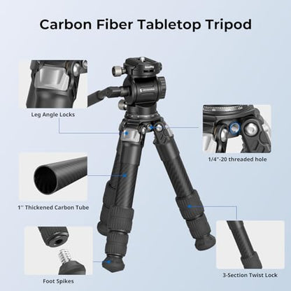 SmallRig Portable Carbon Fiber Tabletop Tripod Kit, 17'' Compact Mini Desktop Tripod with Video Head High Load-Bearing, Built-in QR Plate for Arca, Max Load 3kg / 6.6lb for Cameras, DSLR - style: Video Head