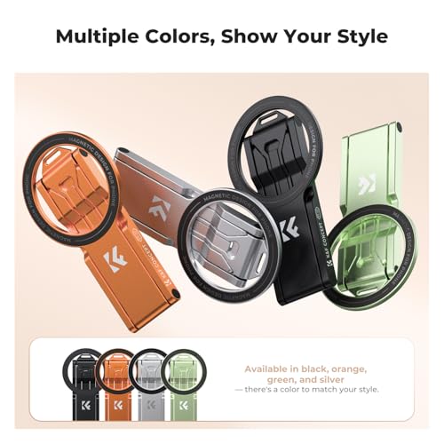 K&F CONCEPT PT02 7mm 59g Magnetic Phone Stand, Foldable Selfie Stick for iPhone, Dual-Sided Magnets Mini Tripod Pocket Cell Phone Stand with Hook, Compatible with iPhone 17-12 Series Android Phones - color: Orange