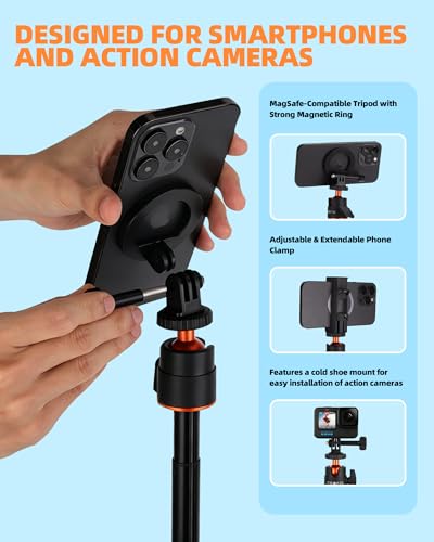 Phopik 56" Magnetic Tripod for iPhone,Phone Tripod MagSafe Compatible with iPhone/Android,GoPro, DJI Osmo Pocket 3,Protable Selfie Stick Tripod for Vlogging, Video Recording,Travel Content Creators - size: SS25