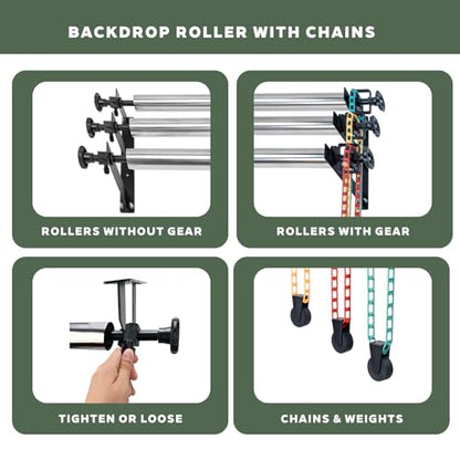 Photography Backdrop Roller Support System, 3 Rollers, 120-inch Stainless Steel Crossbars, Wall/Celing/Light Stand Backdrop Mount, Background Support - color: Red/Yellow/Green Plastic Chain+120inch Crossbars