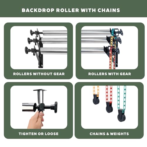 Photography Backdrop Roller Support System with 3 Rollers, 80-inch Stainless Steel Crossbars for Limited Space, Wall/Ceiling/Stand Mount, Yellow Red Green Chains - color: Red/Yellow/Green Plastic Chain+80inch Crossbars