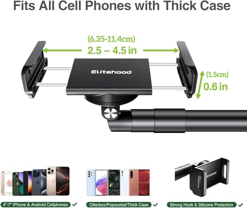 elitehood Heavy Duty Aluminum Overhead Phone Stand, 15 in Long Arm iPhone Holder for Video Recording, 360 Degrees Swivel Tilt Overhead Phone Mount for Filming, Meeting, Cooking, Painting and Crafting - style: Desk Stand