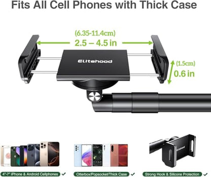elitehood Heavy Duty Aluminum Overhead Phone Stand, 15 in Long Arm iPhone Holder for Video Recording, 360 Degrees Swivel Tilt Overhead Phone Mount for Filming, Meeting, Cooking, Painting and Crafting - style: Desk Stand