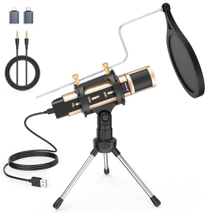 ZealSound USB Microphone for iPhone, iPad, Android, PC & Laptop, Condenser Podcast Mic with Noise Reduction, Mute, Headphone Monitoring & Echo Control for ASMR, Podcast, Streaming, Gaming