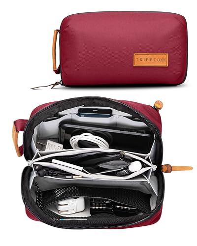 Tech Bag Organizer - Small Electronics Organizer Pouch for Travel - Premium Travel Case with Leather Accents - Mesh Pocket for Cables, Cords and Chargers (Red) - color: Red