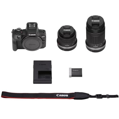 Canon EOS R100 Mirrorless Camera Body with 2 Lens Kit RF-S 18-45mm is STM and 55-210mm is STM 6052C022 Bundle with Double Battery, Memory Card, Deco Gear Deluxe Case and Mini Tripod & Accessories - color: Obsidian