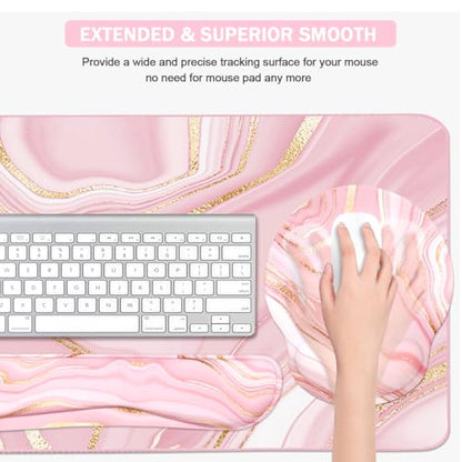 4-in-1 Gaming Mouse Pad Wrist Support Set，Desk Pad + Mouse Pad with Wrist Rest + Keyboard Wrist Rest + Coaster, Ergonomic Design for Home Office Study Game - Pink Fluid - color: 4 Pcs Pink Marble