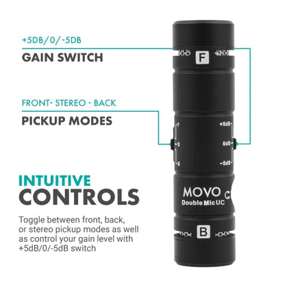 Movo DoubleMic-UC Dual Capsule Phone Microphone for USB-C Devices- Two-Sided Cardioid Condenser Android Shotgun Mic for Video Recording- Professional Microphone for Samsung, iPad Pro, Google Pixel