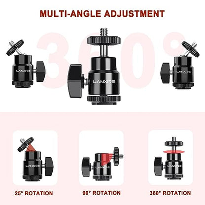 Camera Hot Shoe Mount with 1/4" Screw and Ball Head Adapter - Compatible with Camera, Camcorder, Smartphone, Action Camera, LED Lights, Microphone - 2 Pack