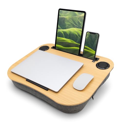 Portable Lap Desk for Computer Laptop, Tablets, Phones | Built-in Bluetooth Speakers | for Home Office | College (Light Oak) - color: Light Oak