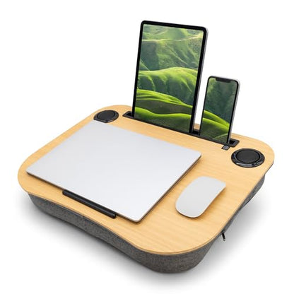 Portable Lap Desk for Computer Laptop, Tablets, Phones | Built-in Bluetooth Speakers | for Home Office | College (Light Oak) - color: Light Oak