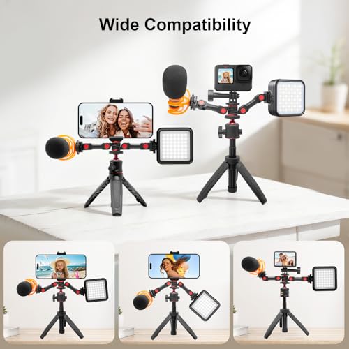 Dual Cold Shoe Mount, Extension Bar Universal Cold Shoe Adapter with Phone Holder Mount, 1/4" Thread Holes for Microphone,Led Video Light, Audio Recorder Monitors (68012)