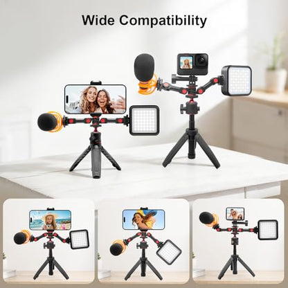 Dual Cold Shoe Mount, Extension Bar Universal Cold Shoe Adapter with Phone Holder Mount, 1/4" Thread Holes for Microphone,Led Video Light, Audio Recorder Monitors (68012)