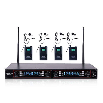 Sound Town 200-Channel Rack Mountable Professional Adjustable UHF Wireless Microphone System with Metal Receiver, 4 Lavalier Mics, 4 Bodypack Transmitters (NESO-U4LL) - color: Jet Black