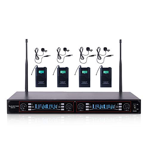 Sound Town 200-Channel Rack Mountable Professional Adjustable UHF Wireless Microphone System with Metal Receiver, 4 Lavalier Mics, 4 Bodypack Transmitters (NESO-U4LL) - color: Jet Black