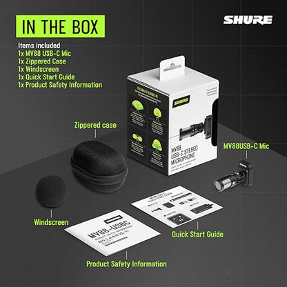 Shure MV88 USB-C Microphone for Mobile Recording, Portable Mic for Vlogging with Auto Level Mode, Real-Time Denoiser for Smart Noise Cancelling & 4 Polar Patterns, Black