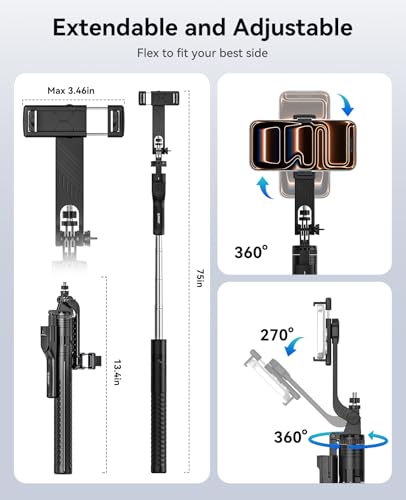ORICO 75" Phone Tripod & Selfie Stick - 360° Rotatable Handle + Phone Holder for Multi-Angle Shooting, Wireless Remote, Extendable Stand for iPhone/Android/Camera/GoPro, Travel/Vlog/Recording - size: 75''