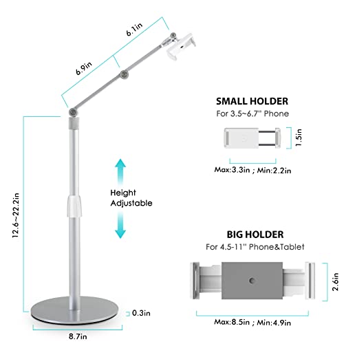 Viozon Tablet Phone Overhead Stand, Height & 360 Degree Angle Adjustable, Aluminum Desktop Stand, Compatible with 3.5-11" Cellphone or Tablet Such as iPhone iPad Pro Air Mini, Samsung, Nexus(AP-4PS) - color: Silver