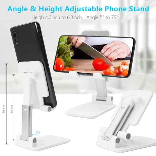 Cell Phone Stand for Desk, Angle & Height Adjustable Phone Holder, (White) | Fully Foldable, Fits for All Under 6.5" Smartphones, Ideal for Home, Office & Travel Use - color: B-White