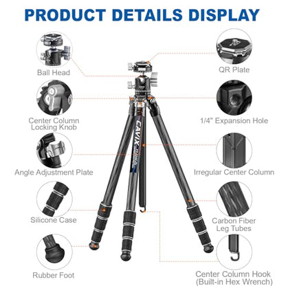 CAVIX 57"/145cm Carbon Fiber Tripod, Lightweight Tripod for Camera, 360° Panorama Tripod Ball Head, 1/4" Arca QR Plate, Travel Tripod Monopod for DSLR Video Camcorder, Max Load 33lb/15kg. - size: Carbon Fiber(57")