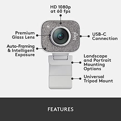 Logitech StreamCam Premium Webcam for Streaming and Content Creation, Full HD 1080p 60 fps,Works with Microsoft Teams, Google Meet, Zoom, Nintendo Switch 2’s new GameChat mode, for PC/Mac– Off-White - color: White