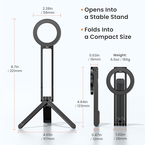 Itramax Magnetic Phone Tripod Stand,Foldable Pocket Cell Phone Mount,Adjustable Travel Gym Selfie Stick Mini Tripod Handle Desktop Stand for MagSafe iPhone 17 16 15 14 13 12 11& All Smartphones,Black - color: Black