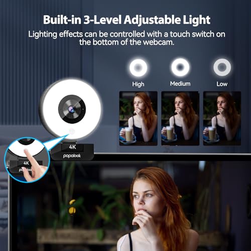 papalook 4K Autofocus Webcam with Light, UHD Web Camera with Remote Control and Dual Noise-Cancelling Mics, Plug and Play USB Webcams for PC Laptop Zoom Skype Teams Google Meet
