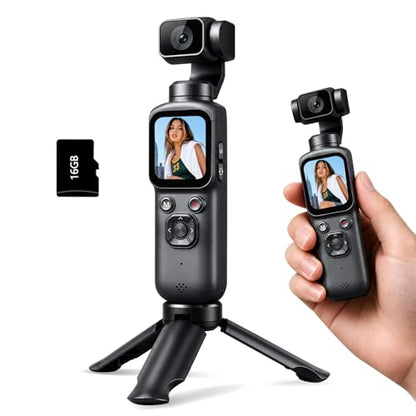 4K Vlogging Camera for YouTube, 75MP Pocket Digital Camera with 330° Rotating Gimbal Lens, Travel & Beginner Handheld Vlog Camera, WiFi Content Creator Kit with Tripod, 16GB Card