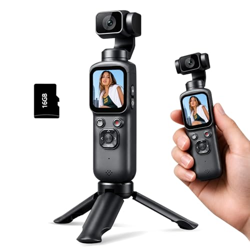 4K Vlogging Camera for YouTube, 75MP Pocket Digital Camera with 330° Rotating Gimbal Lens, Travel & Beginner Handheld Vlog Camera, WiFi Content Creator Kit with Tripod, 16GB Card