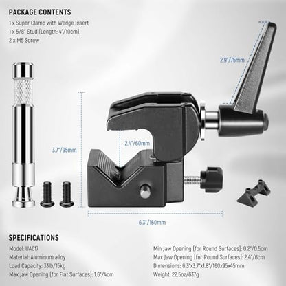 NEEWER Super Clamp with 5/8" Stud, Spring Lock, 2.4"/6cm Jaw Grip Heavy Duty Crab Pole Clamp for Round Pipe Flat Surface, for Photography Studio Camera & Lighting Mounting, Max Load 33lb/15kg, UA017 - style: UA017(1 Pack）