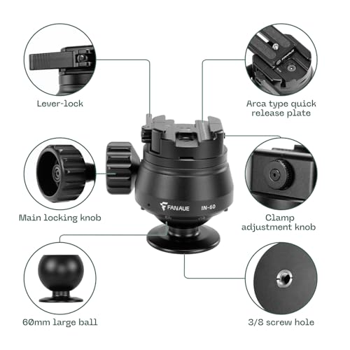 FANAUE 60mm Tripod Ball Head Compatible with Arca Quick Release Plate,Quick Locking, Professional Aluminum Ball Head - IN-60T