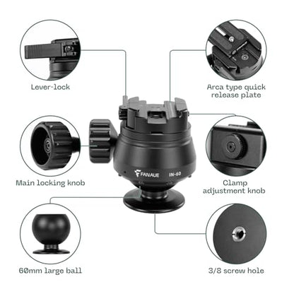 FANAUE 60mm Tripod Ball Head Compatible with Arca Quick Release Plate,Quick Locking, Professional Aluminum Ball Head - IN-60T