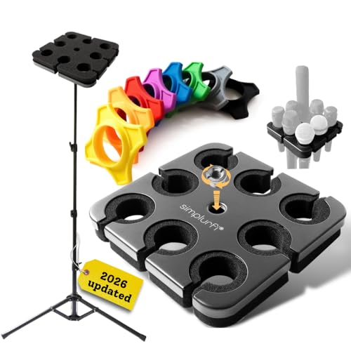 Multi Microphone Holder with floor Mic Stand - Square Tray Attachment holds up to 8 mics On Stage Organizer and Display - 8 Anti-roll Rings Included - size: with floor stand