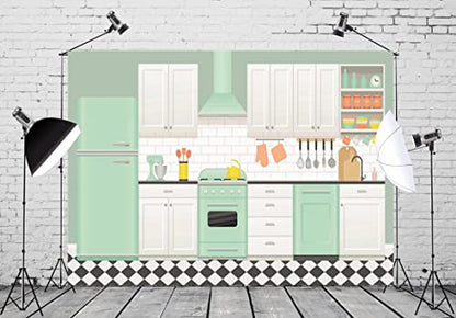 6x4ft Fabric Cartoon Kitchen House Backdrop Baking Room Photography Background Christmas Cooking Interior Decoration Family Birthday Party Banner for Adult Kids Portrait Video Photo Booth Props - size: 6x4FT