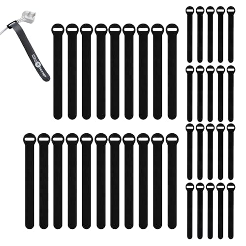 Self-Gripping Cable Ties by Wrap-It Storage, Black, 40 Pack (5 Inch and 8 Inch Straps) – Reusable Hook and Loop Cord Organizer Cable Ties for Cord Management and Desk or Office Organization - color: Black