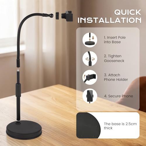 Overhead Phone Mount, Overhead Desktop Phone Holder with Rotating Arm Holder and Base, Adjustable Angles for Photo Video Capture, Online Meeting