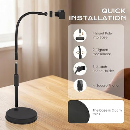 Overhead Phone Mount, Overhead Desktop Phone Holder with Rotating Arm Holder and Base, Adjustable Angles for Photo Video Capture, Online Meeting
