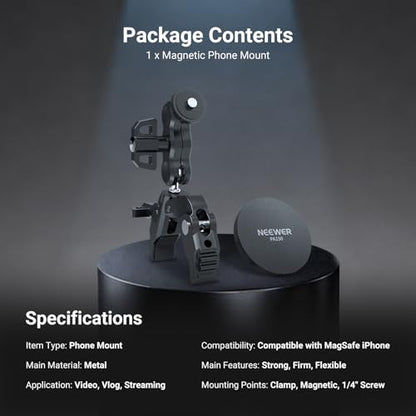 NEEWER Magnetic Mobile Phone Holder with Super Clamp, Adjustable Metal Holder with 1/4 Inch Screw and Ball Heads, Magic Arm Compatible with MagSafe iPhone for Pole, Tripod, Microphone Stand, Table - style: PA150