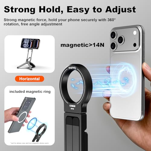 COMAN DP58 Magnetic Phone Tripod, Aluminum MagSafe Tripod Stand with Carabiner, Mini Portable Travel Pocket Tripods for iPhone & Non-Magnetic Phones with Included Ring - color: Black