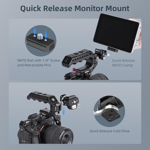 Nitze Quick Release Camera Monitor Mount (NATO Rail with 1/4” Screw and Retractable Pins to Cold Shoe), Field Monitor Mount with Adjustable NATO Clamp, 170° Tilt and 360° Pan - N54-S1