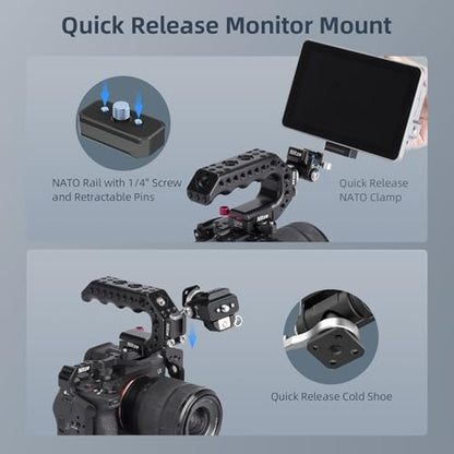 Nitze Quick Release Camera Monitor Mount (NATO Rail with 1/4” Screw and Retractable Pins to Cold Shoe), Field Monitor Mount with Adjustable NATO Clamp, 170° Tilt and 360° Pan - N54-S1