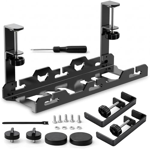 17'' Super Sturdy Cable Tray Under Desk Cord Organizer Standing Desk Cable Management System Large Power Strip Holder Cord Basket With Clamp for Wire Management Rack Office, Home, No Drill & Damage